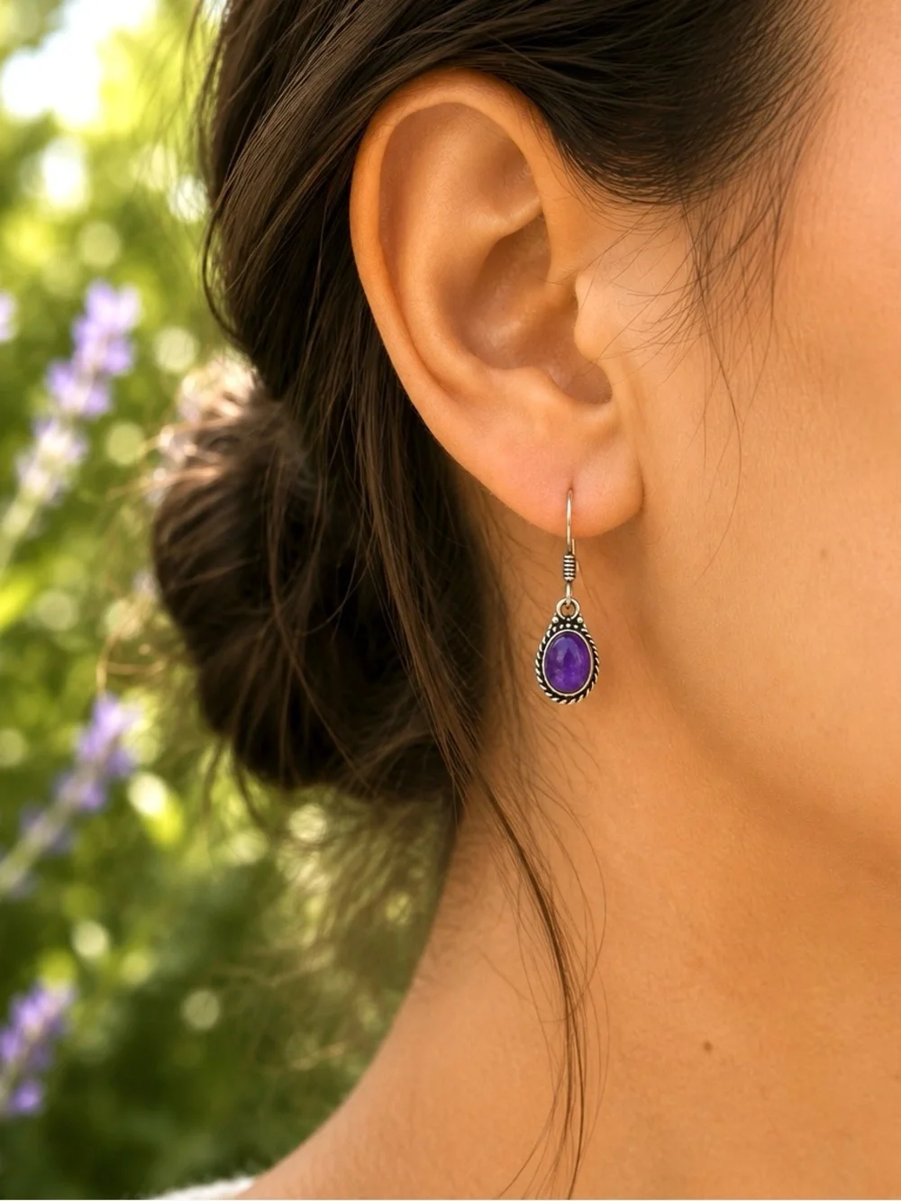 Handcrafted Dainty Natural Amethyst 925 Silver 1” Earrings.